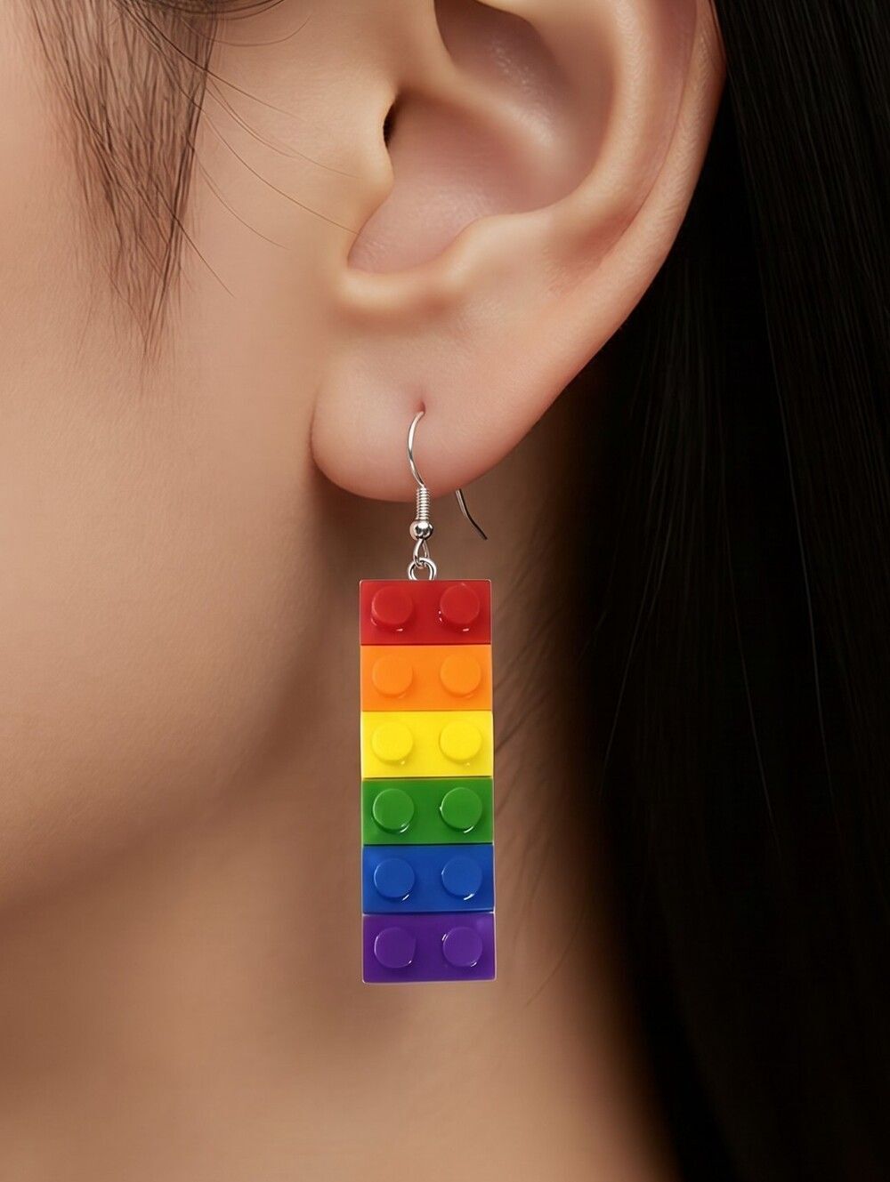 LEGO Earrings Fun Rainbow Building Block Dangle Unusual Pierced Women's Jewelry